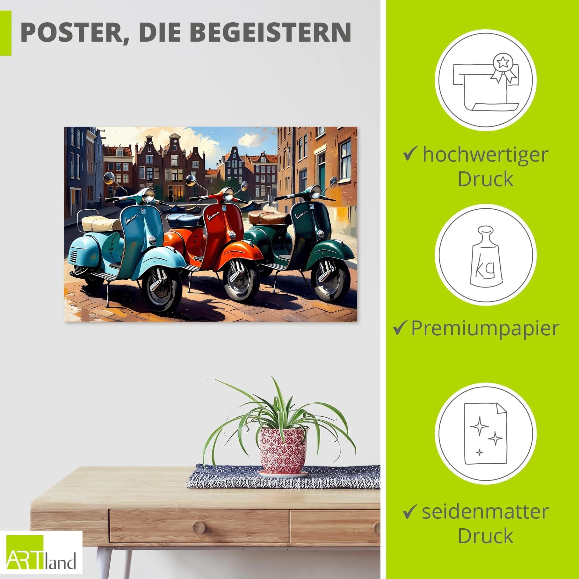 Artland Wandbild "Mit dem Motorroller nach Amsterdam" Bunt Querformat