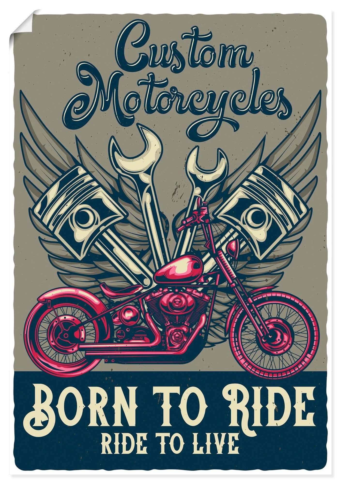 ARTLAND Wandbild "Born to ride" Blau Kunstdruck 50x70 cm
