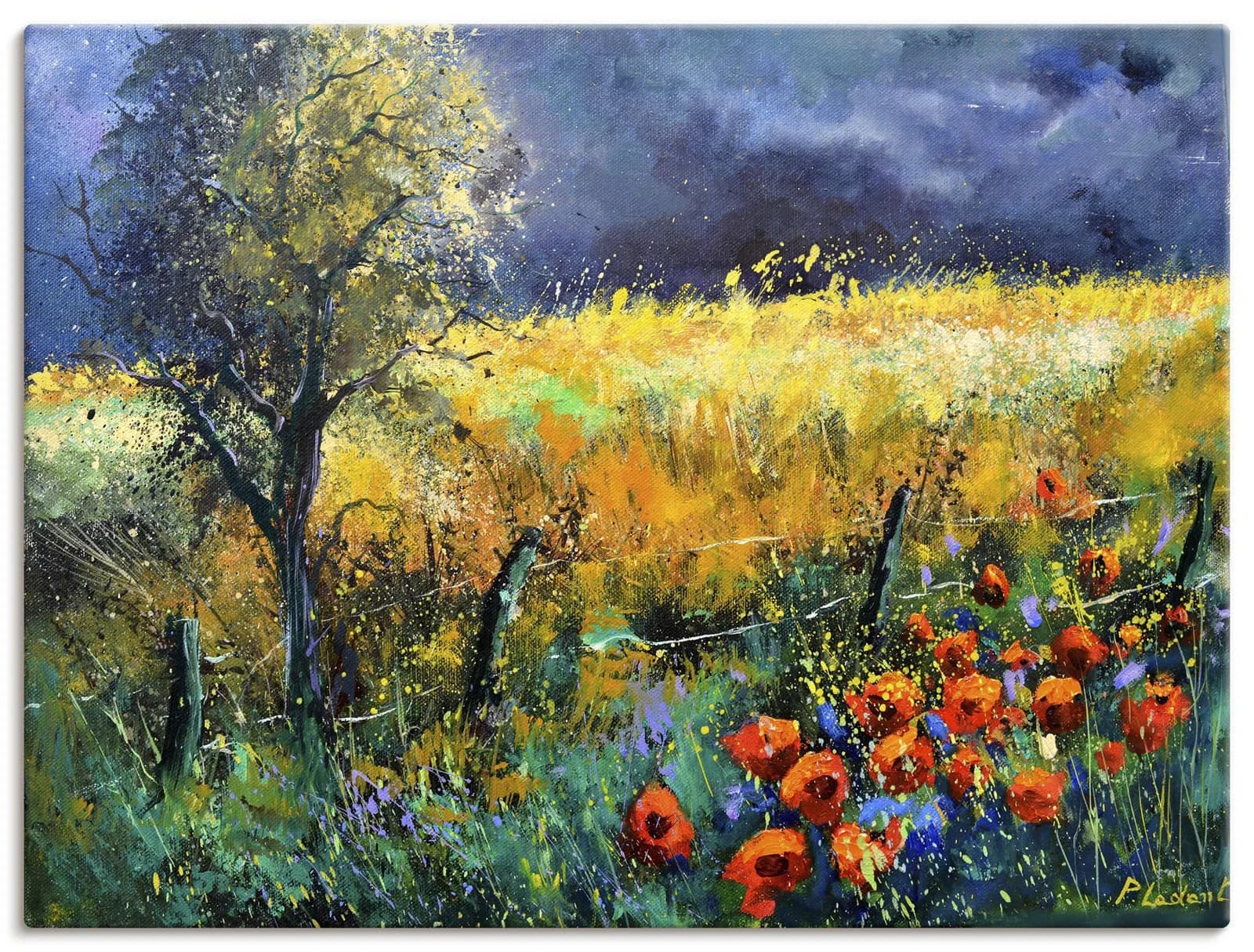 ARTLAND Wandbild Red Poppies Gelb Bunt Leinwand Alu Poster Wandaufkleber