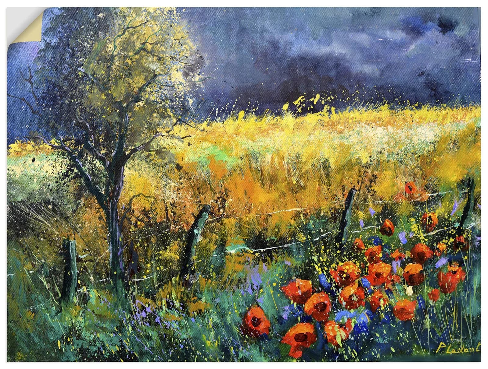 ARTLAND Wandaufkleber Red Poppies Gelb 120x90 cm