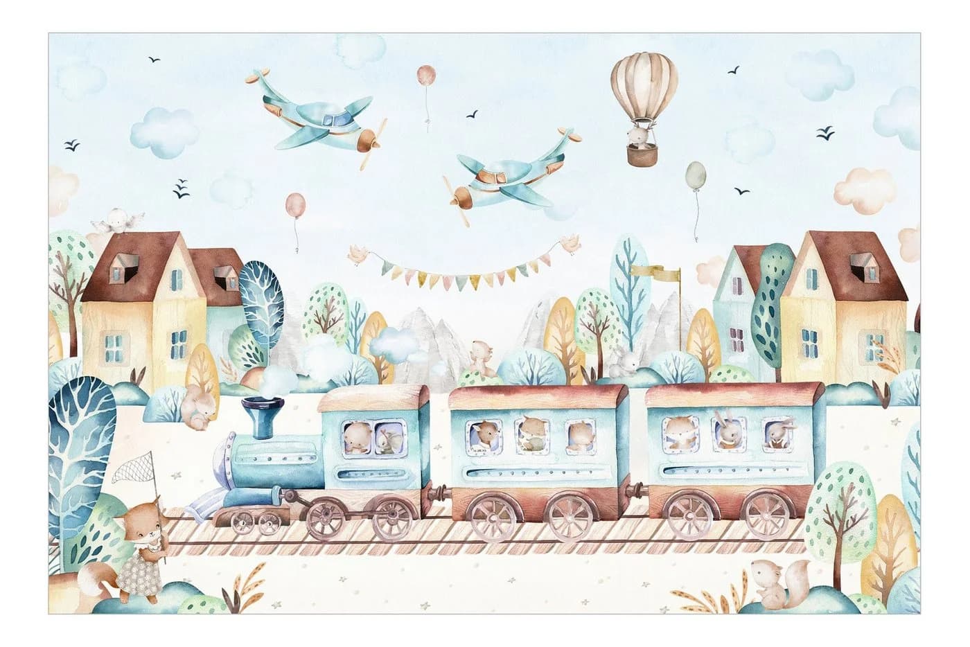 Bilderdepot24 Kindertapete Aquarell Eisenbahn Party Grün Vlies