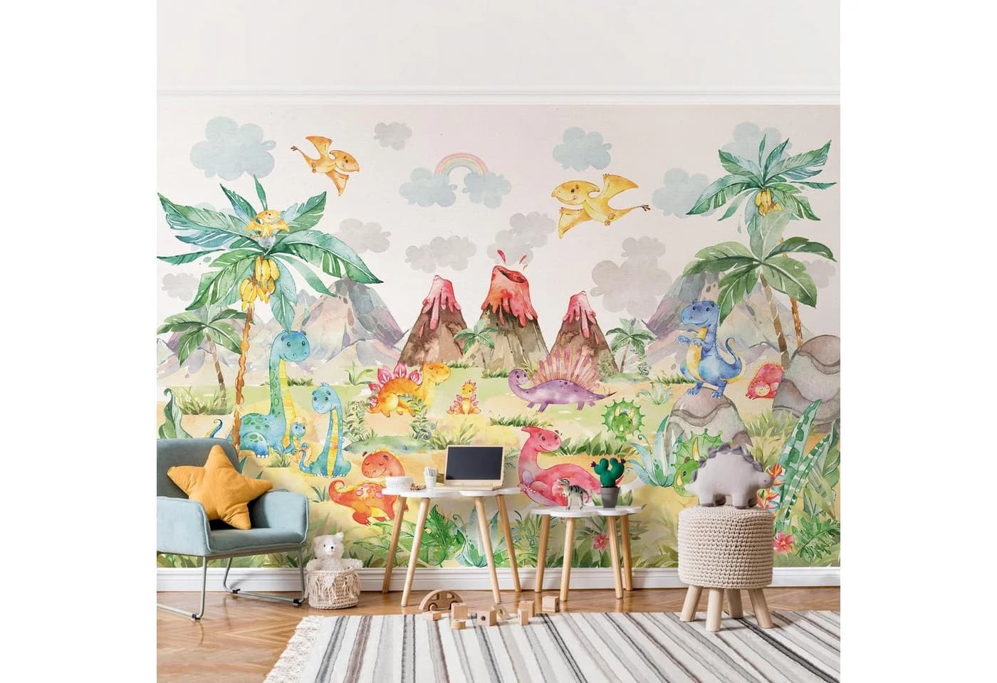 Bilderdepot24 Kindertapete Wilde Dinowelt Aquarell Wald Illustration Kinder Natur Landschaft Bunt - Bild 2