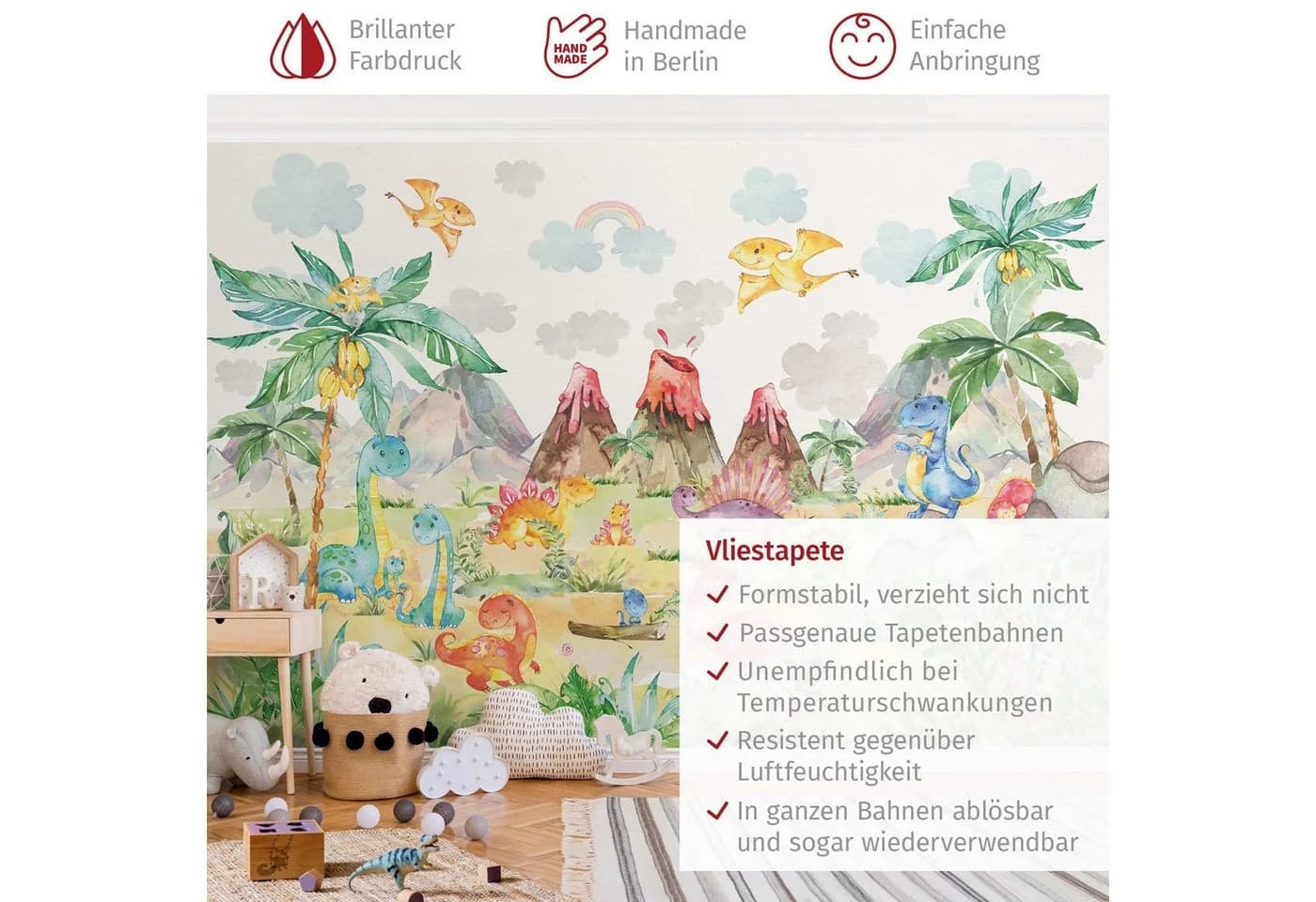 Bilderdepot24 Kindertapete Wilde Dinowelt Aquarell Wald Illustration Kinder Natur Landschaft Bunt - Bild 3