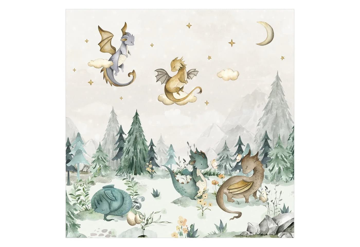 Bilderdepot24 Kindertapete Drachen Aquarell Wald Grün Modern