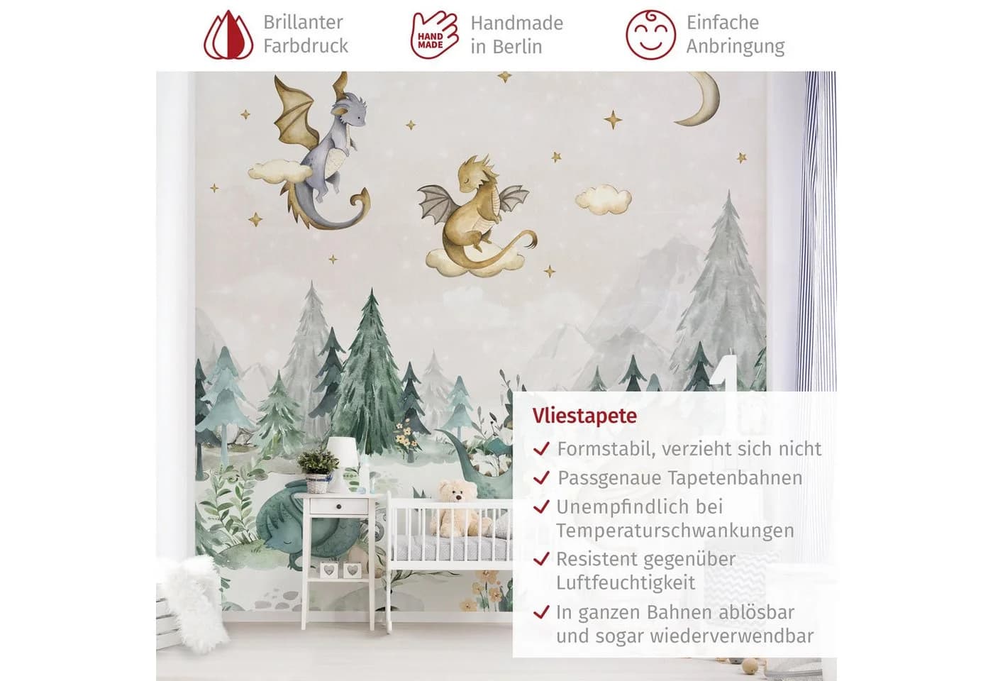 Bilderdepot24 Kindertapete Drachen Aquarell Wald Grün Modern - Bild 3