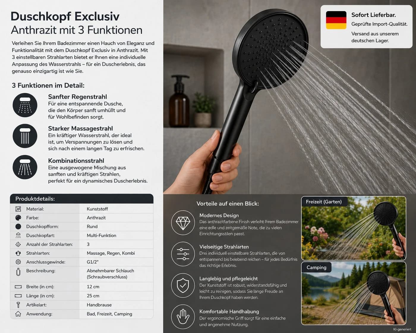 HH-Haushalt Handbrause Duschkopf Anthrazit 3 Funktionen