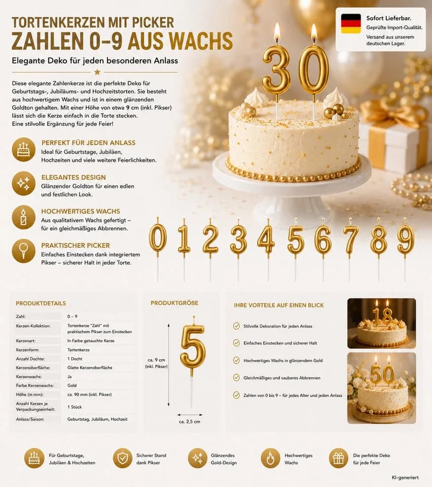 HH-Haushalt Geburtstagskerze Tortenkerze Zahl "3" Gold mit Picker