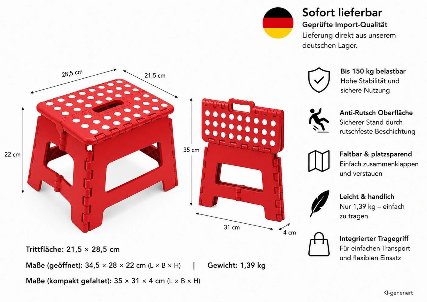 HH-Haushalt Klapptritt Rot Faltbar H 22cm bis 150KG