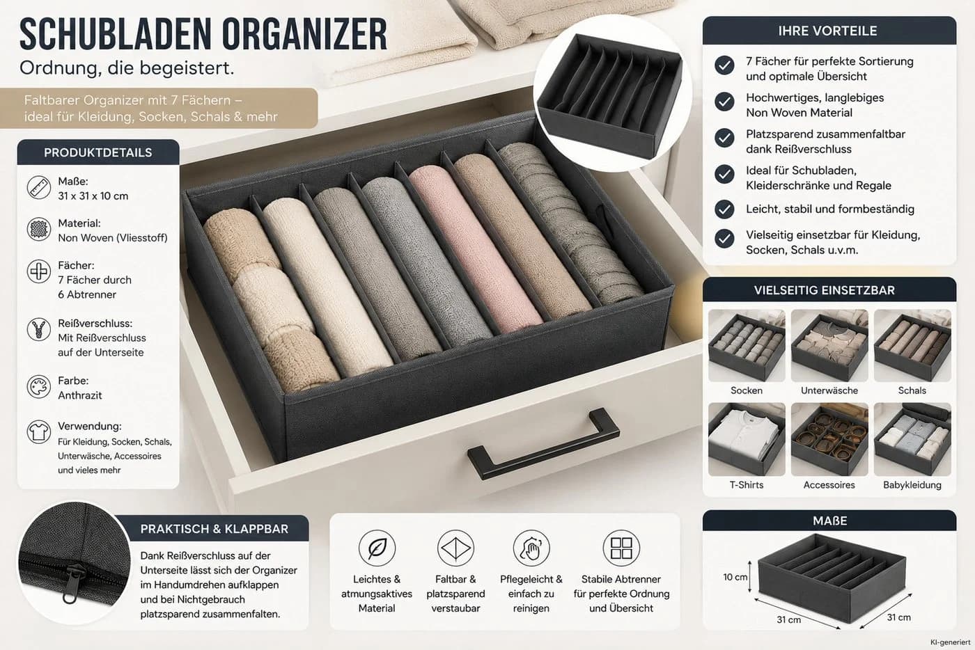 HH-Haushalt Schubladen Organizer 7 Fächer Anthrazit Non Woven