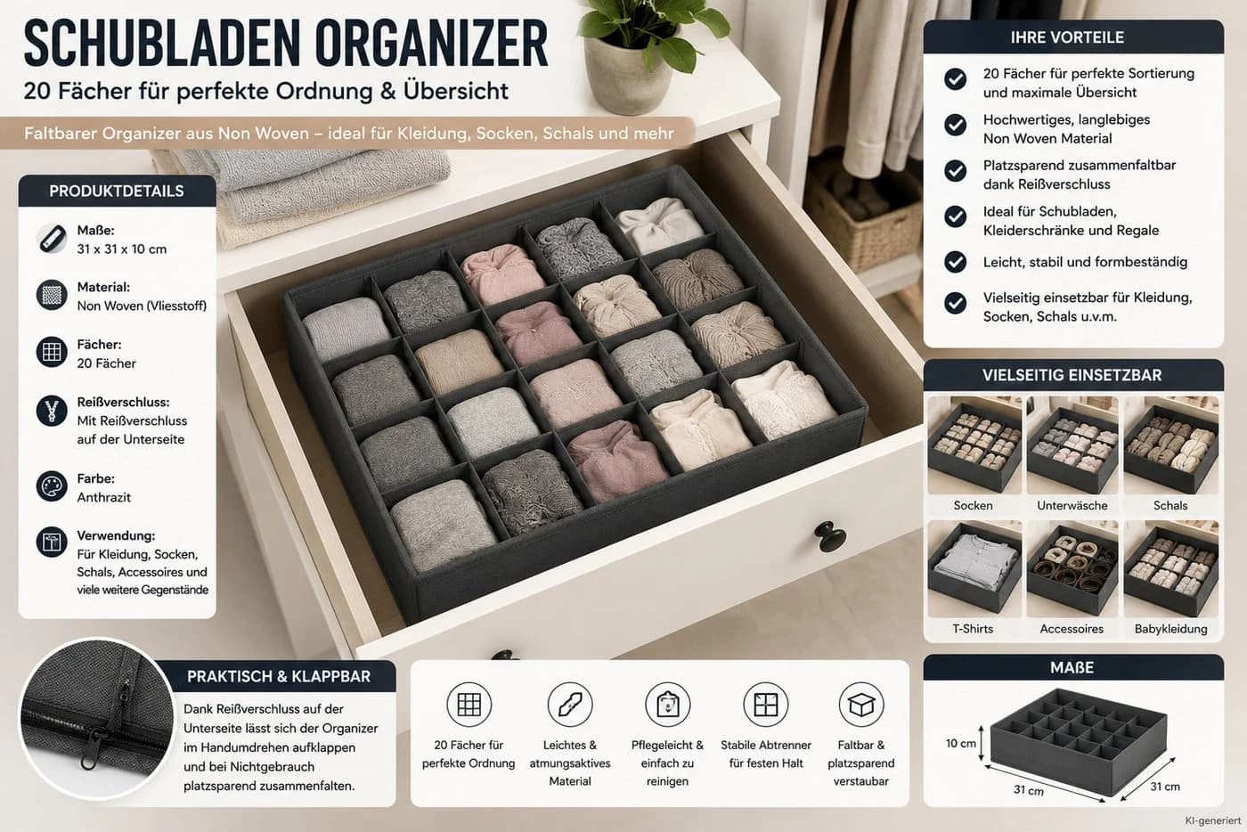 HH-Haushalt Schubladen Organizer 20 Fächer Anthrazit Non Woven