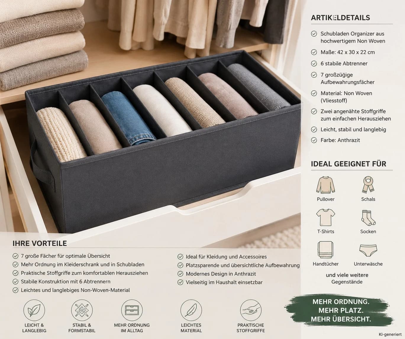 HH-Haushalt Schubladen Organizer 7 Fächer Anthrazit Non Woven - Bild 3
