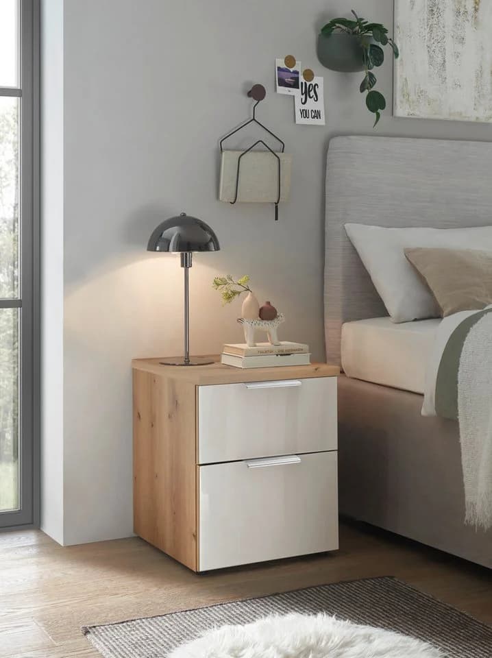 WIEMANN Nachtkonsole Como Bianco-Eiche Glas Champagner