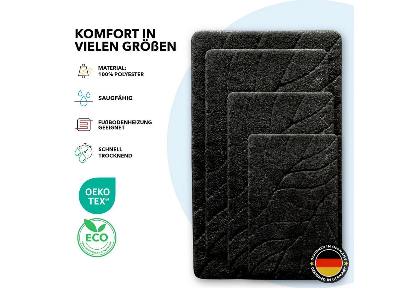 Floordirekt Badematte Maris Flauschiger Badteppich Blattstruktur Rutschfest Schwarz - Bild 3