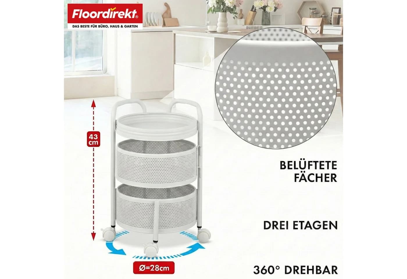 Floordirekt Rollwagen Henry Stahl Weiß/Schwarz 3/5 Etagen