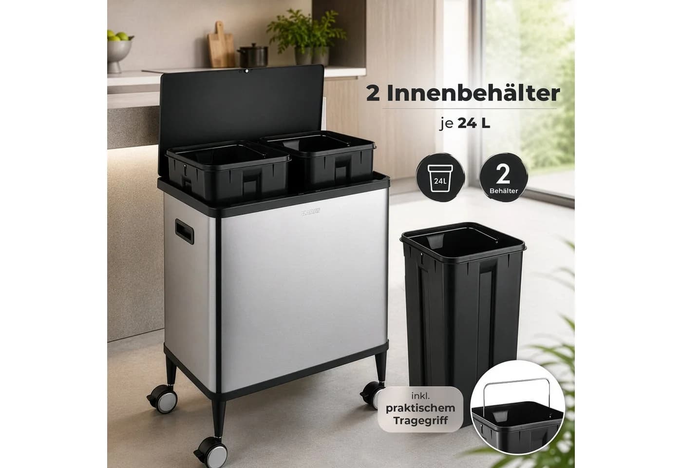 Karat Mülleimer Sensor Abfalleimer Tyler 48 L mit Mülltrennung Edelstahl Schwarz - Bild 4