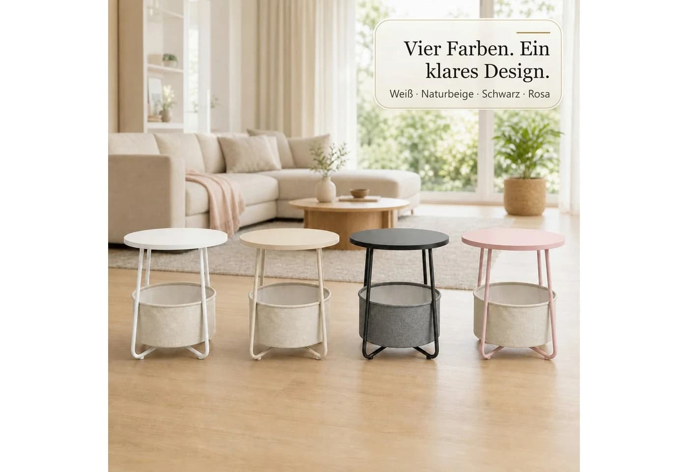 Floordirekt Beistelltisch Luca rund mit Stoffkorb Stauraum 45 cm