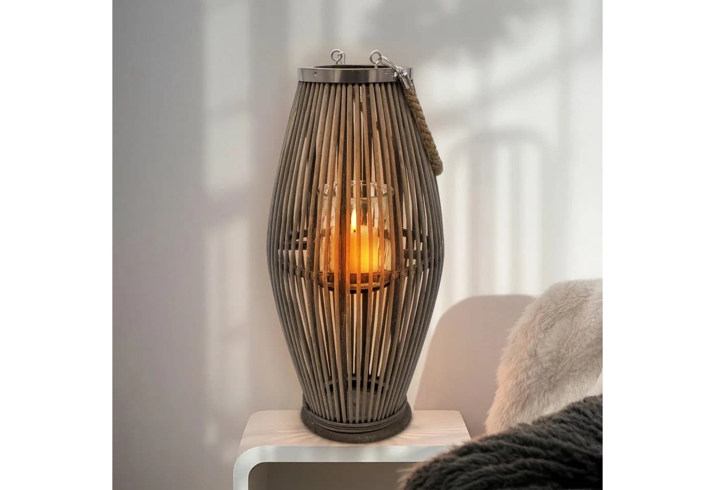 Spetebo XXL Bambus Laterne Shabby Grau mit Kerzenglas - Bild 5