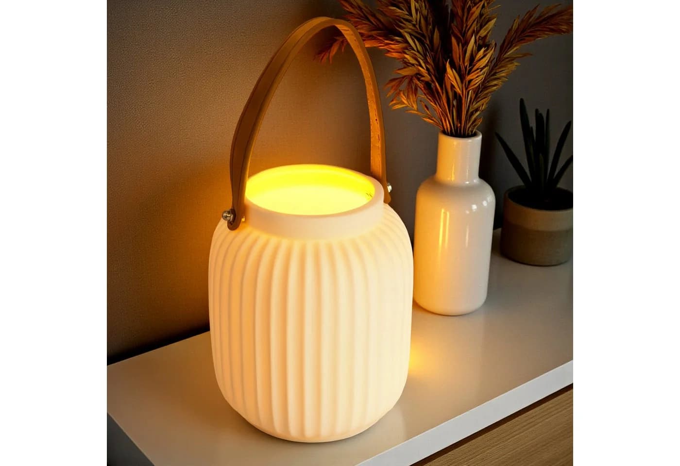 Spetebo LED Windlicht Keramik Laterne matt weiß mit Henkel - Bild 2