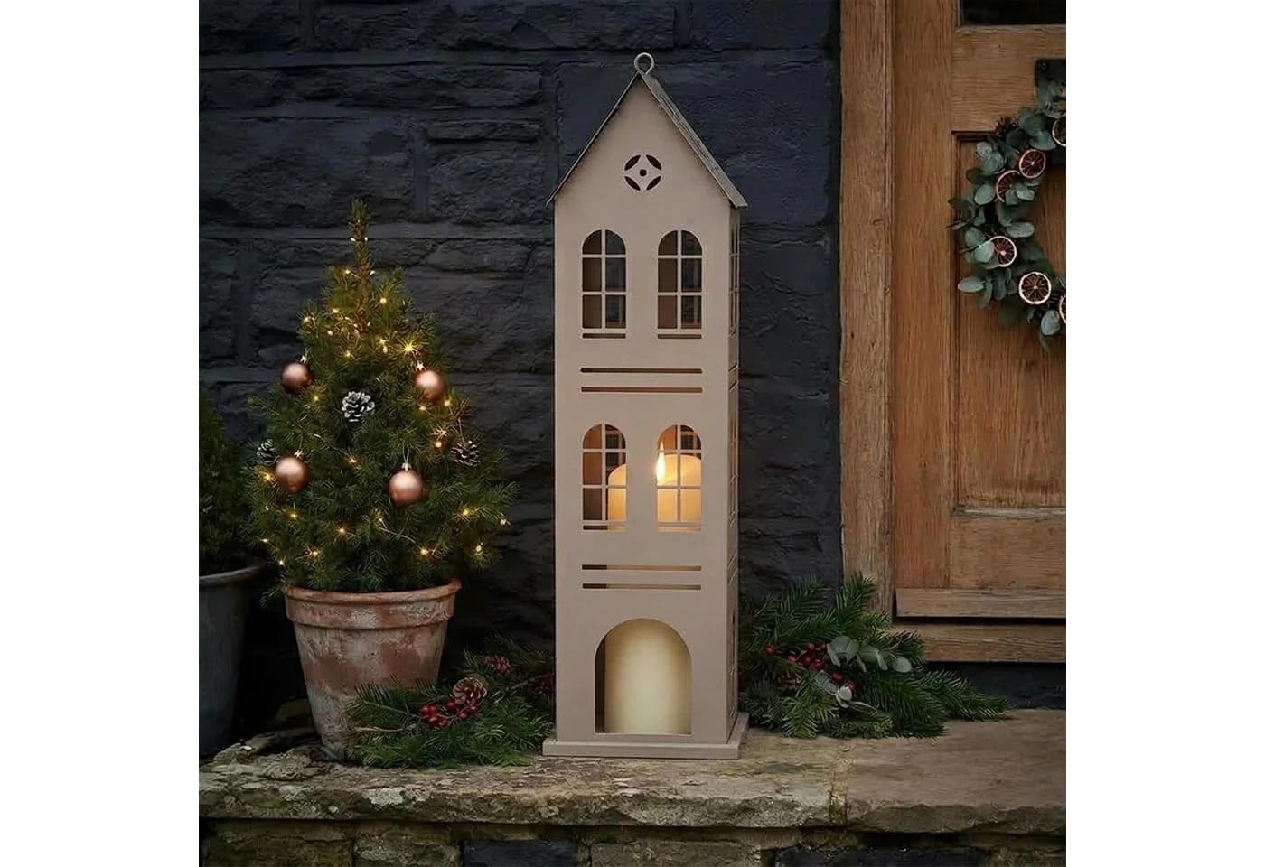 Spetebo Dekofigur XL Metall Laterne Haus beige - Bild 5