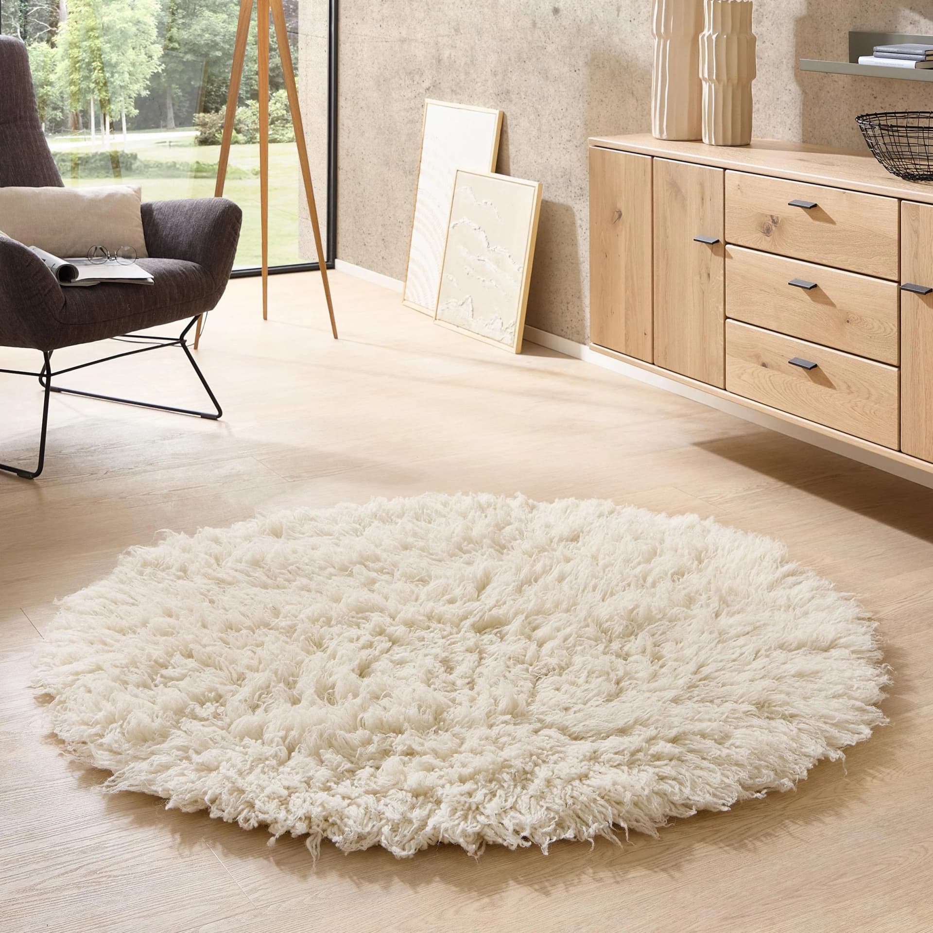 THEKO Wollteppich Alba Uni Wollweiß Rund 160 cm