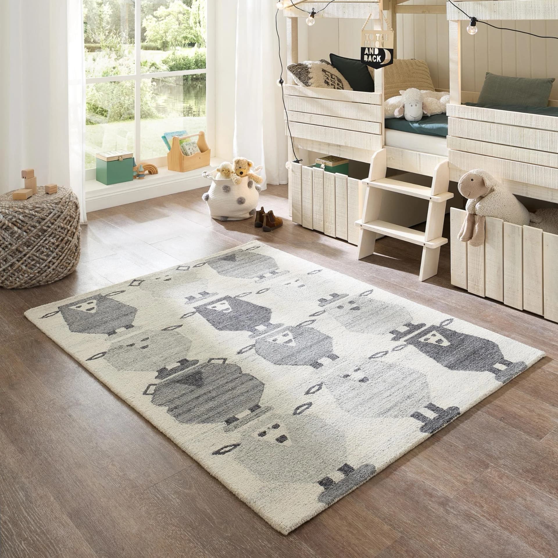THEKO Kinderteppich Gaia Kids Sheep Grau Schurwolle Schaf-Motiv