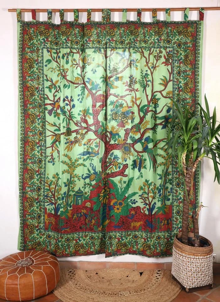 Guru-Shop Boho Vorhang mit Lebensbaum Motiv Grün 100x230 cm