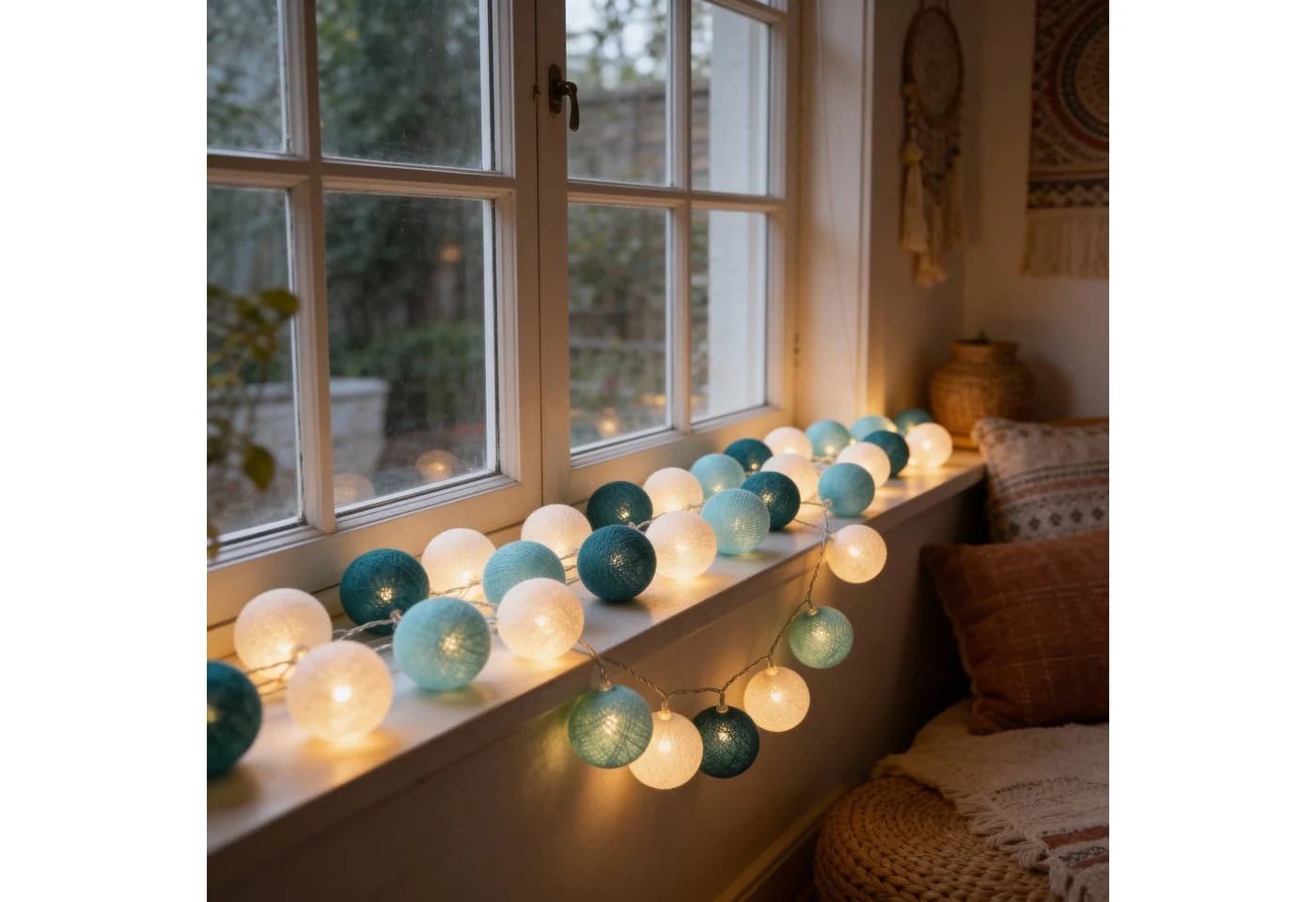 Guru-Shop LED-Lichterkette Stoff Ball Türkis/Weiß 20er Kugel - Bild 3