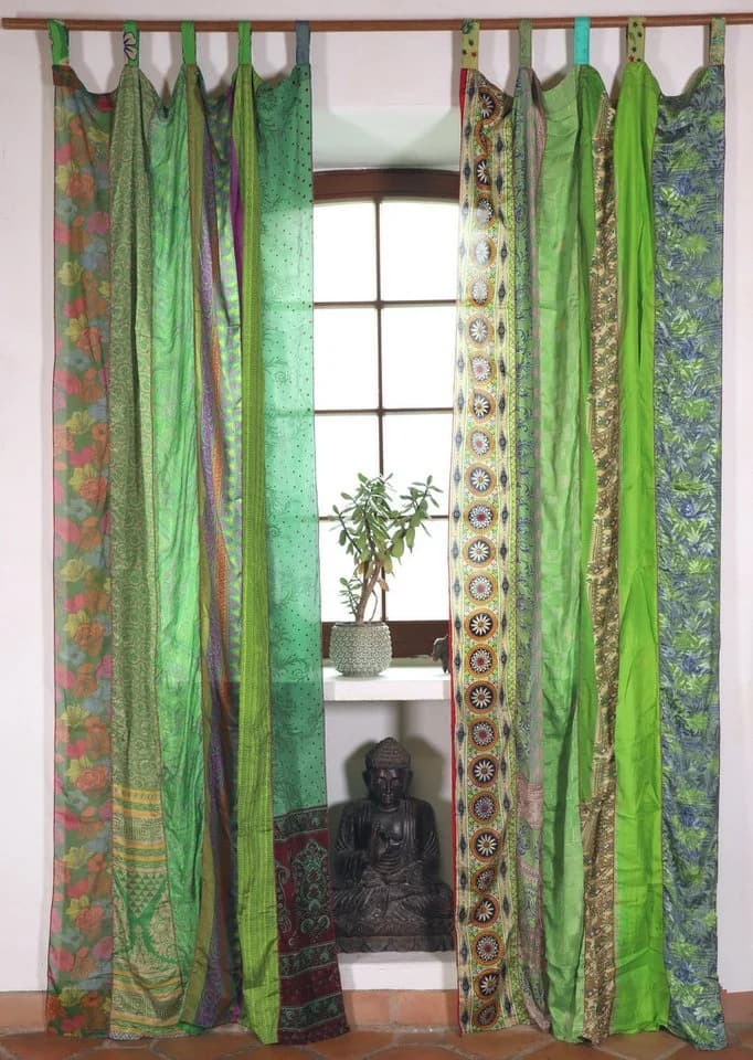 Guru-Shop Vorhang Seidig Patchwork Grün 250x100 cm