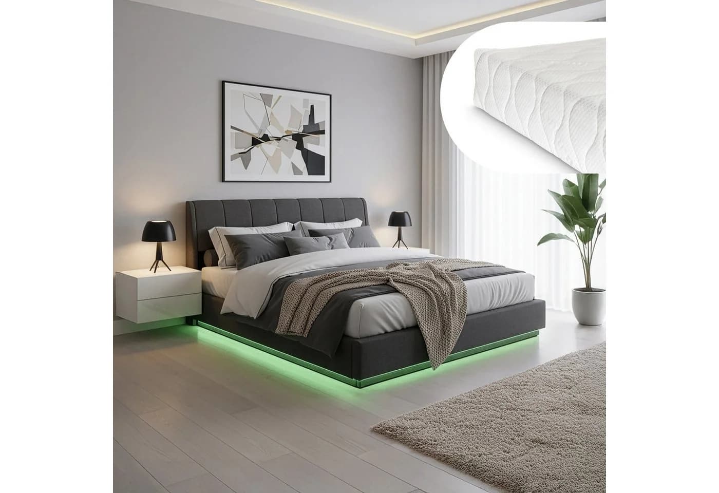 en.casa Polsterbett mit LED-Beleuchtung und Matratze Schwarz - Bild 2