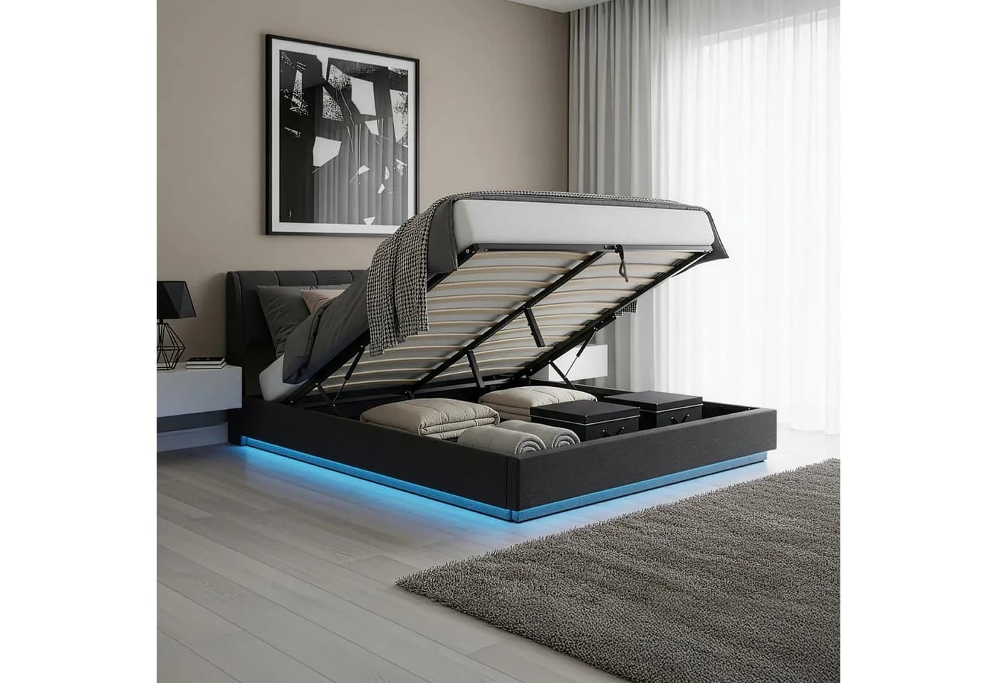 en.casa Polsterbett mit LED-Beleuchtung und Matratze Schwarz - Bild 5