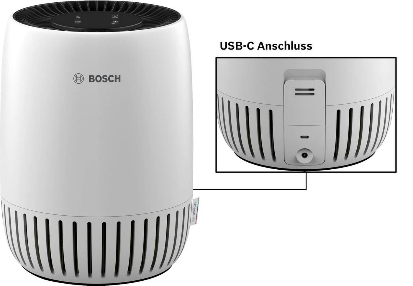 Bosch Luftreiniger Air 500, ideal für den Nachttisch, für 23 m² Räume, USB-C Anschluss zum Laden eines Smartphones und Ruhemodus