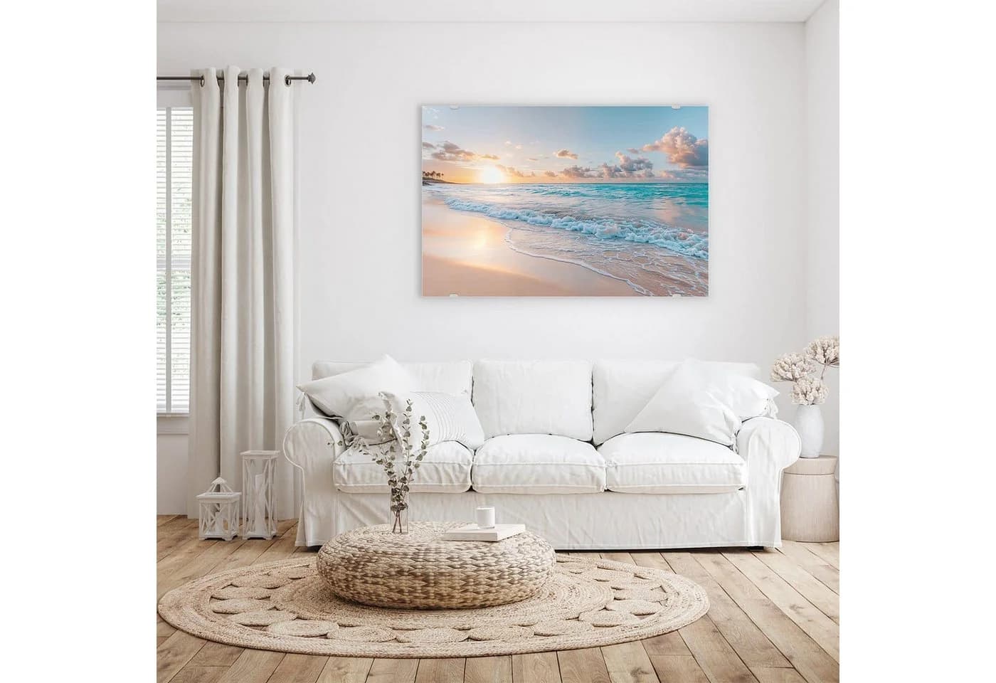 Primedeco Glasbild Wandbild Sonnenaufgang Strand mit Aufhängung