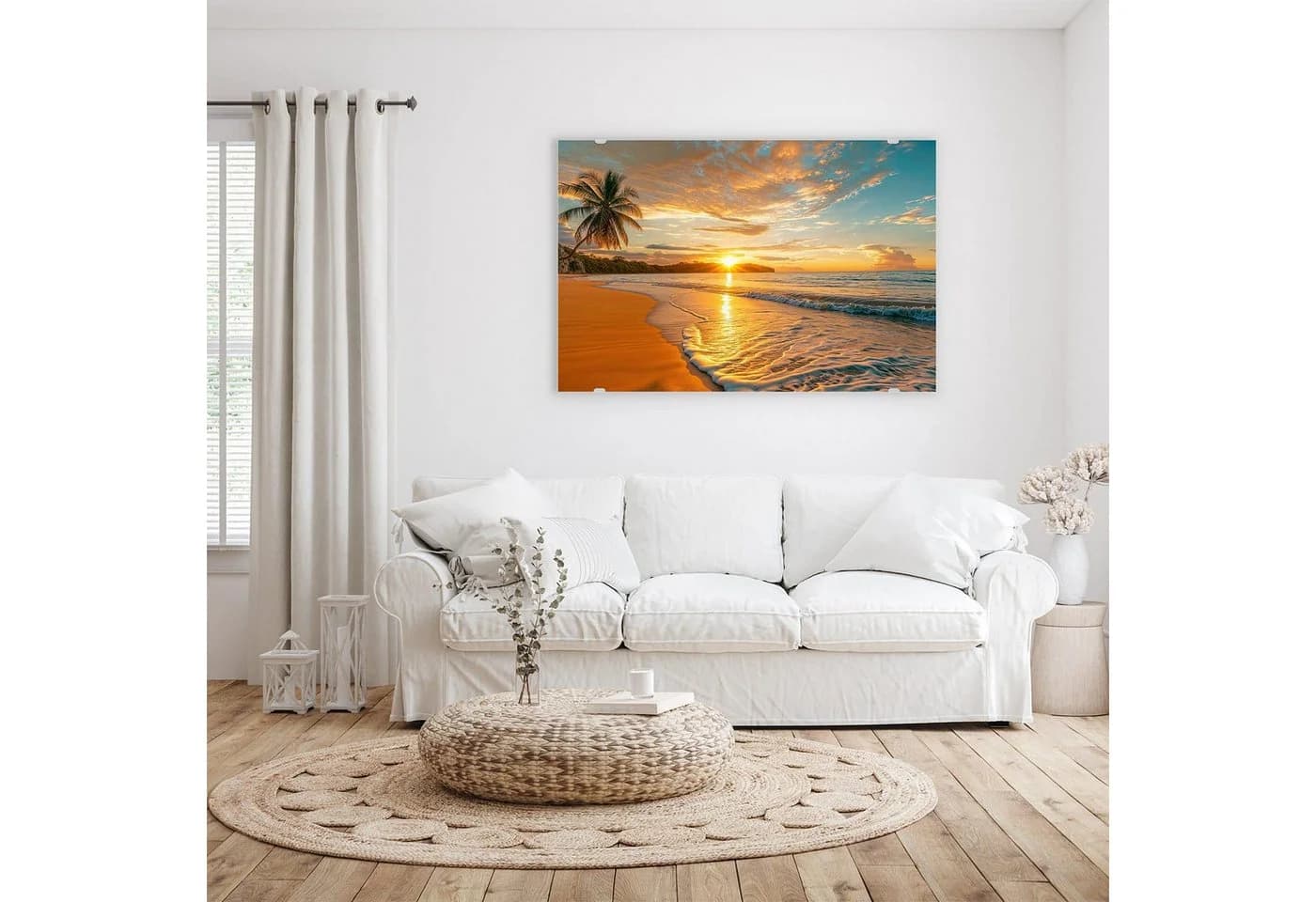 Primedeco Glasbild Wandbild Sonnenuntergang Strand mit Aufhängung