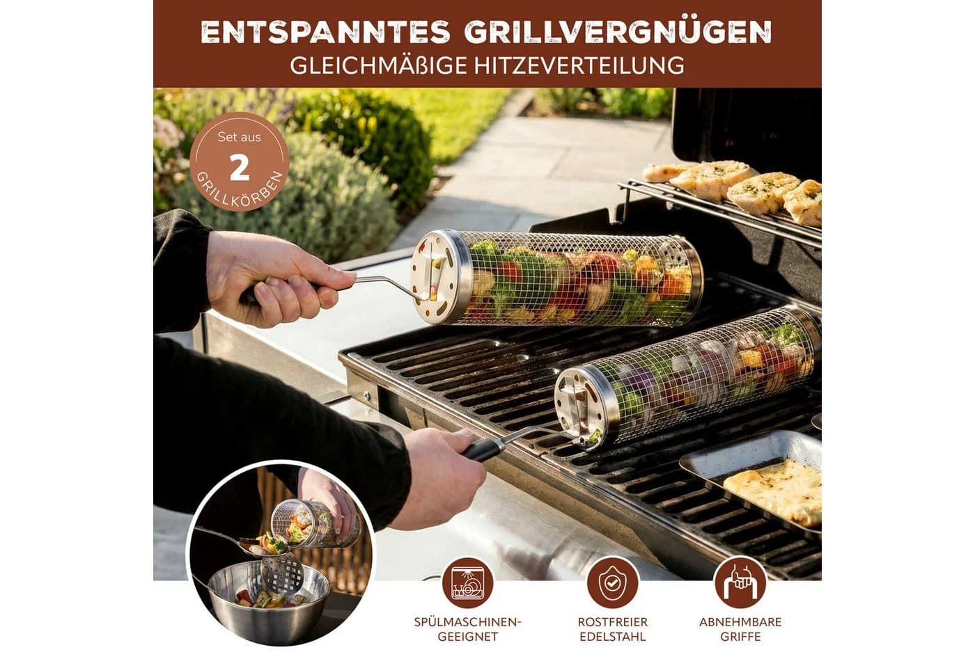 eluno Grillkörbe 2er Set Edelstahl abnehmbare Griffe