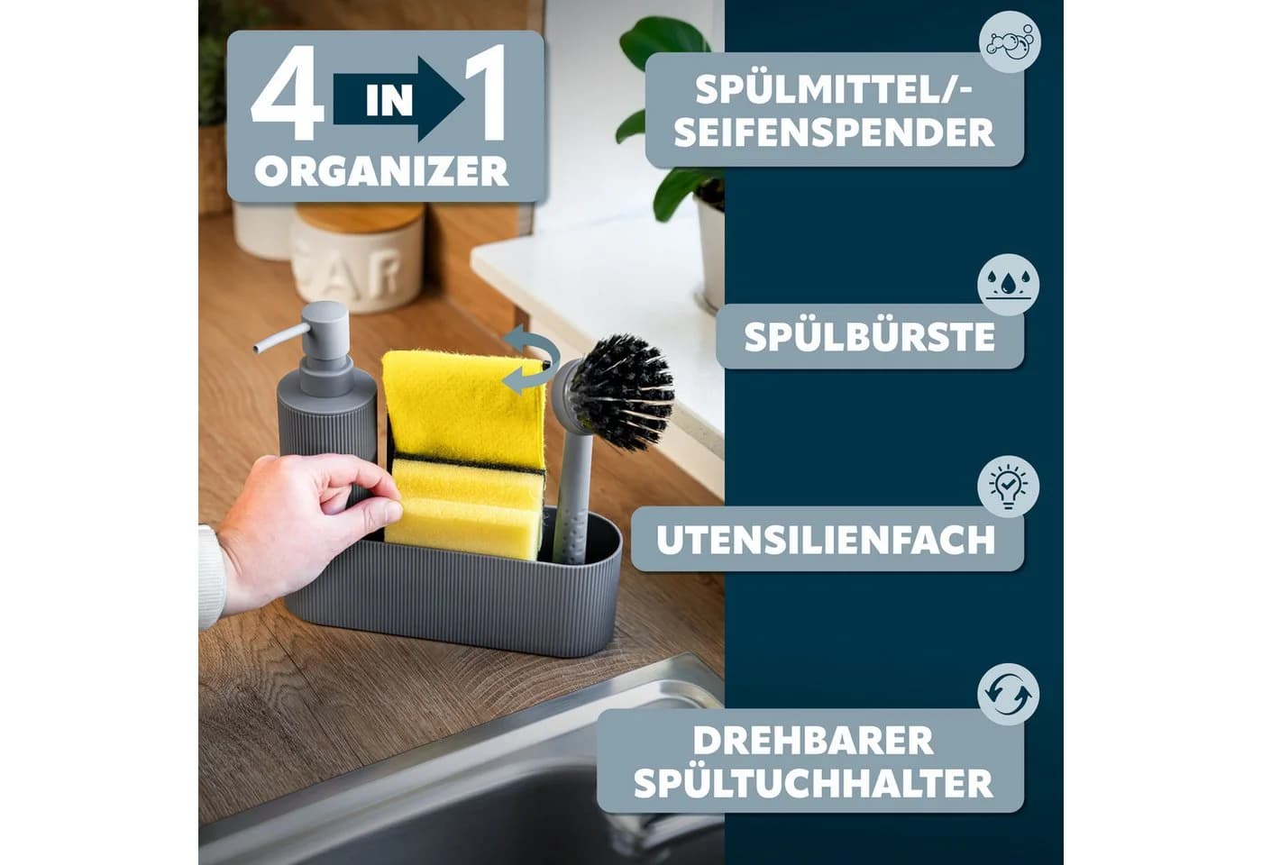 eluno Spülbecken Organizer Grau mit Seifenspender - Bild 3