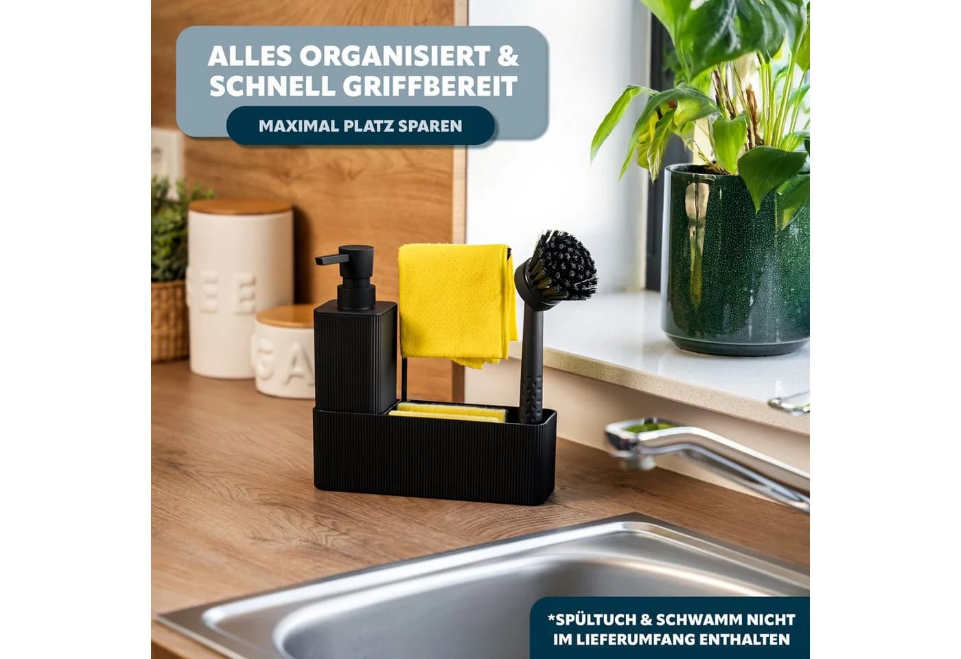 eluno Spülbecken Organizer Schwarz mit Seifenspender und Spülbürste