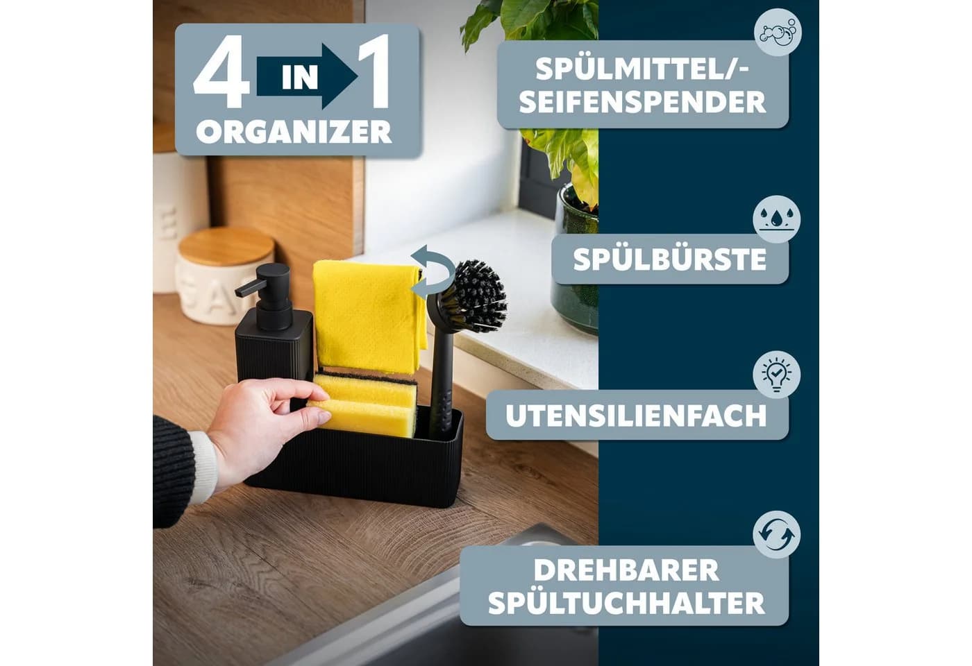 eluno Spülbecken Organizer Schwarz mit Seifenspender und Spülbürste - Bild 3