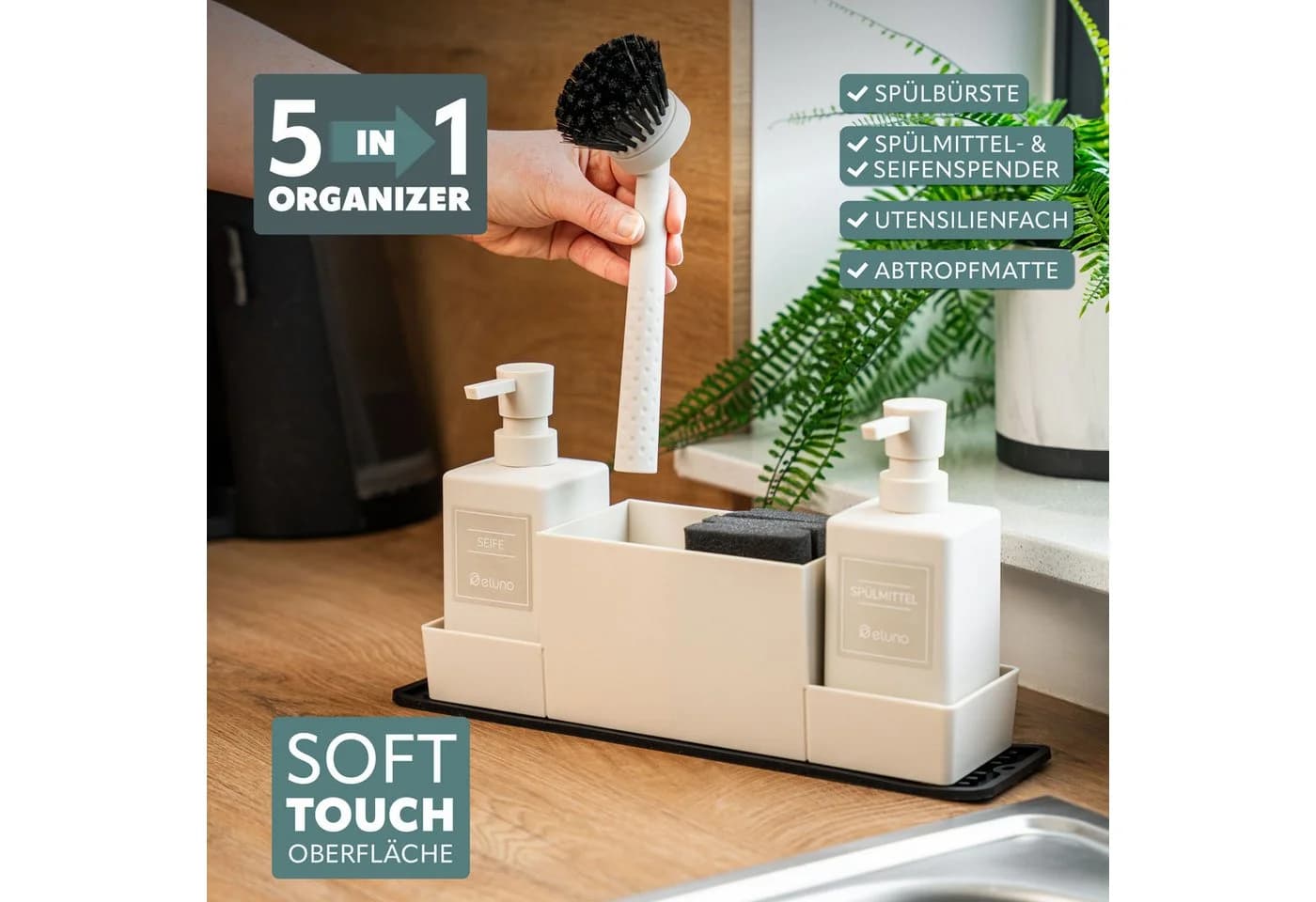eluno Küchenorganizer-Set Spülbeckenorganizer mit 2 Spendern Beige - Bild 3