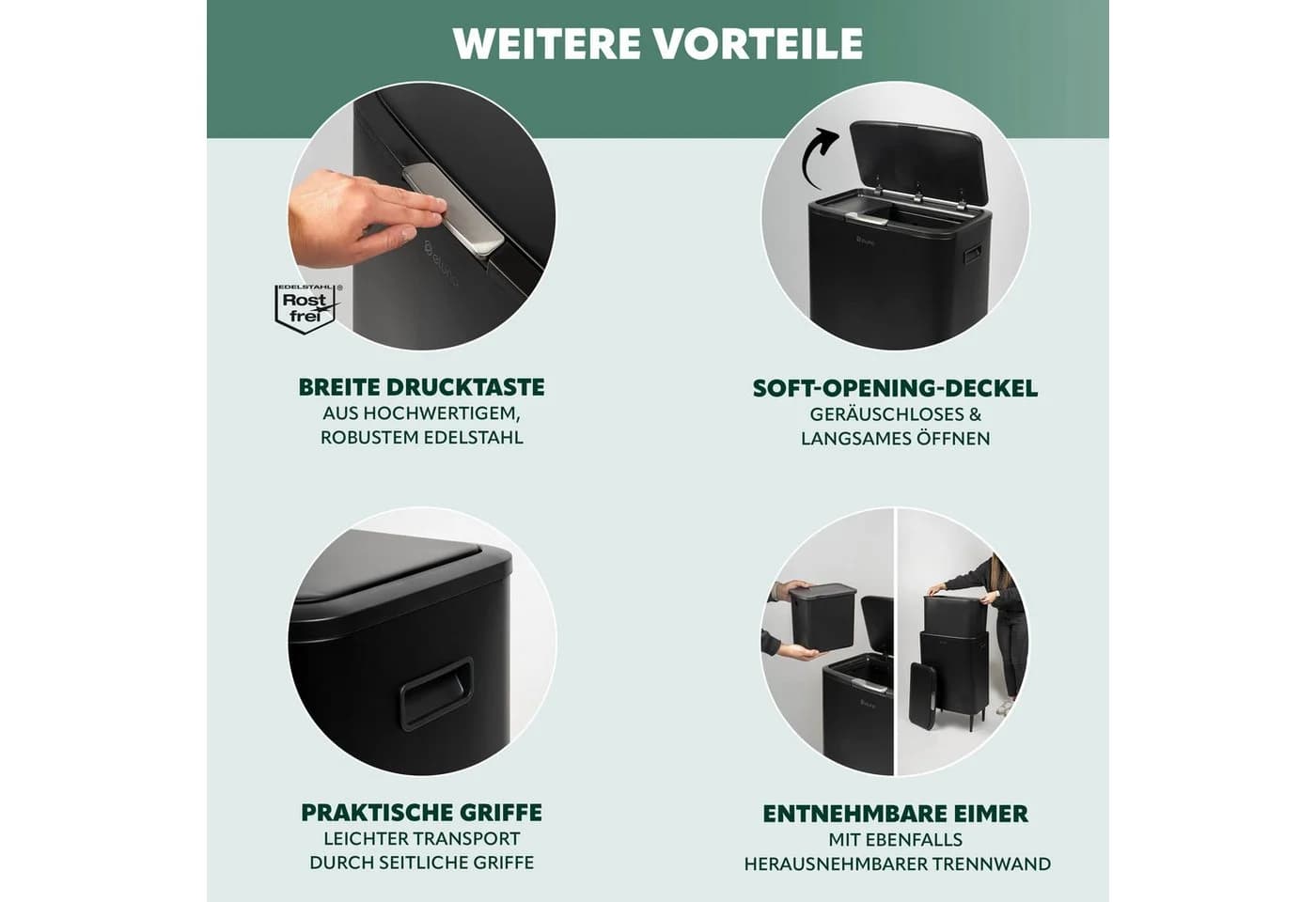 eluno Mülleimer 60 Liter Schwarz Metall mit Bio-Abfallbehälter - Bild 5