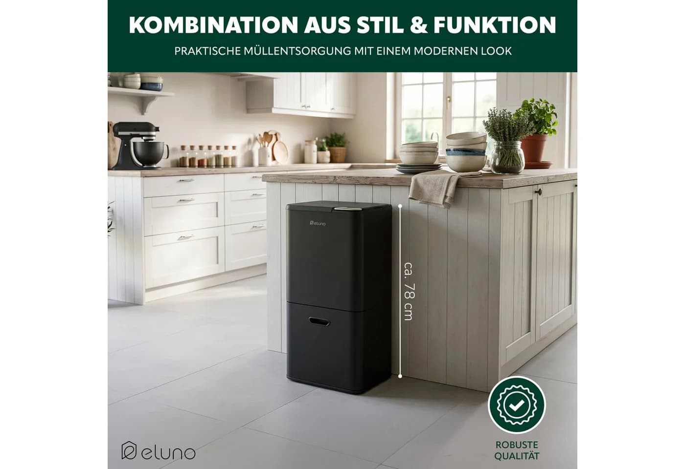 eluno Mülleimer 58 Liter Mülltrennsystem Schwarz Metall Soft-Opening