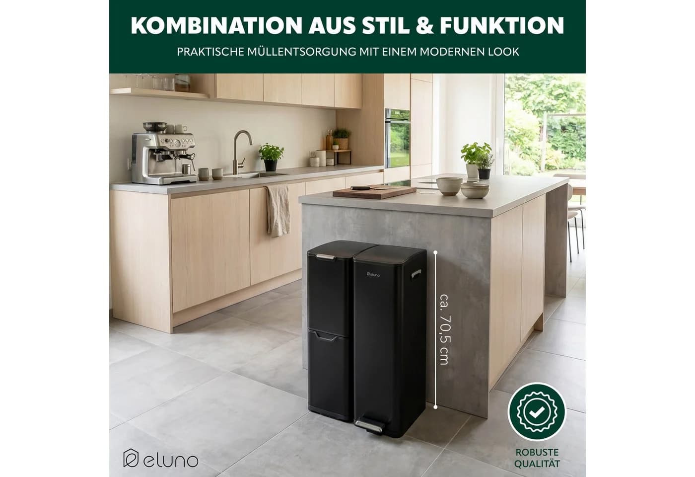 eluno Mülleimer 54 Liter Schwarz Metall mit Fußpedal