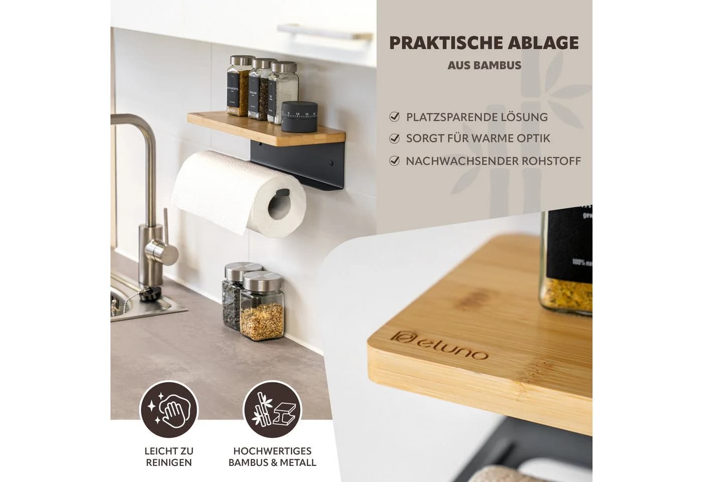 eluno Wandrollenhalter Küchenrollenhalter mit Bambusablage - Bild 3