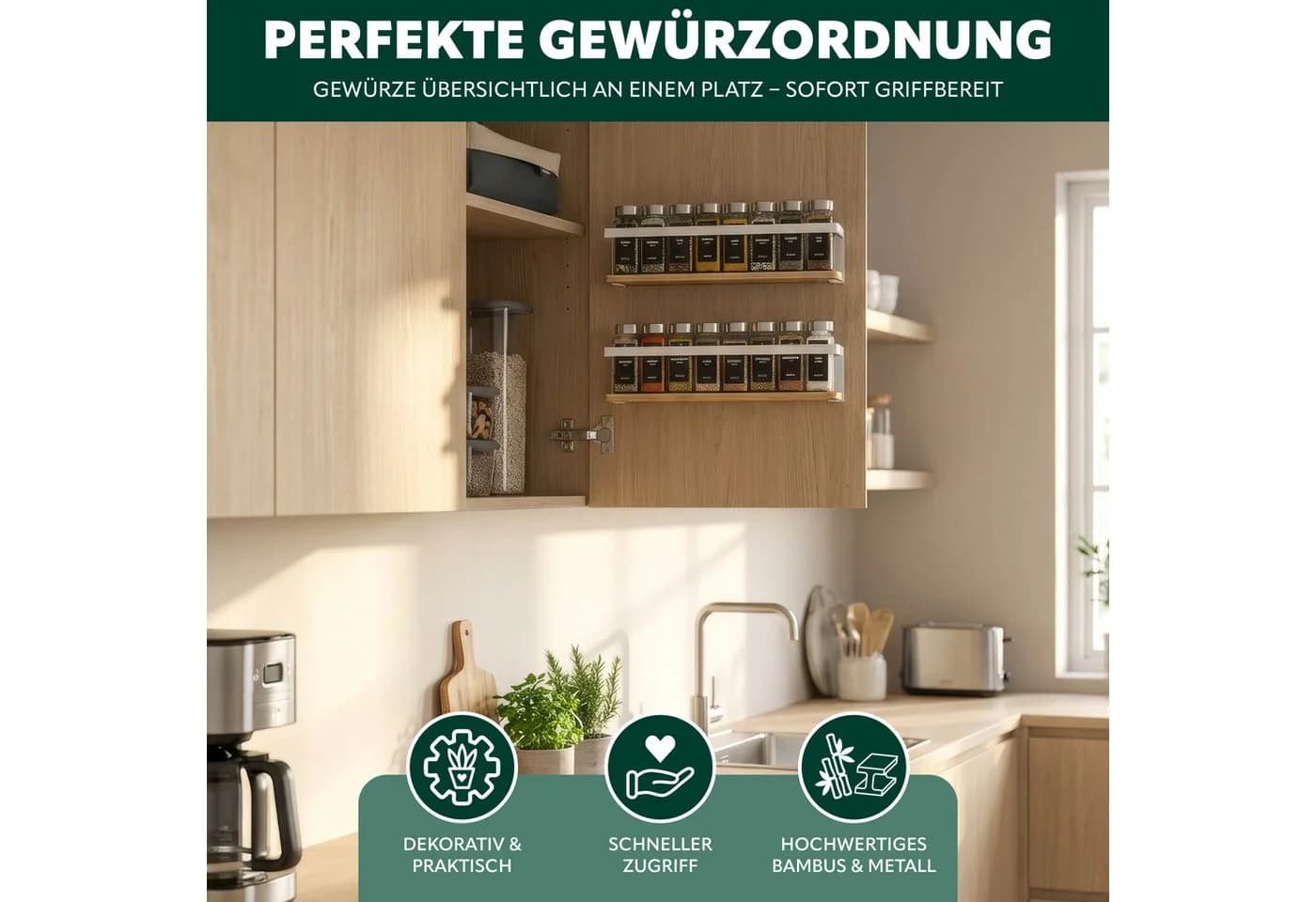 eluno Gewürzregal 2er Set Bambus Metall - Bild 3
