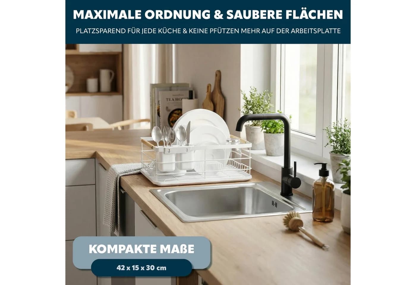 eluno Geschirrständer Metall mit Abtropfschale & Besteckhalter