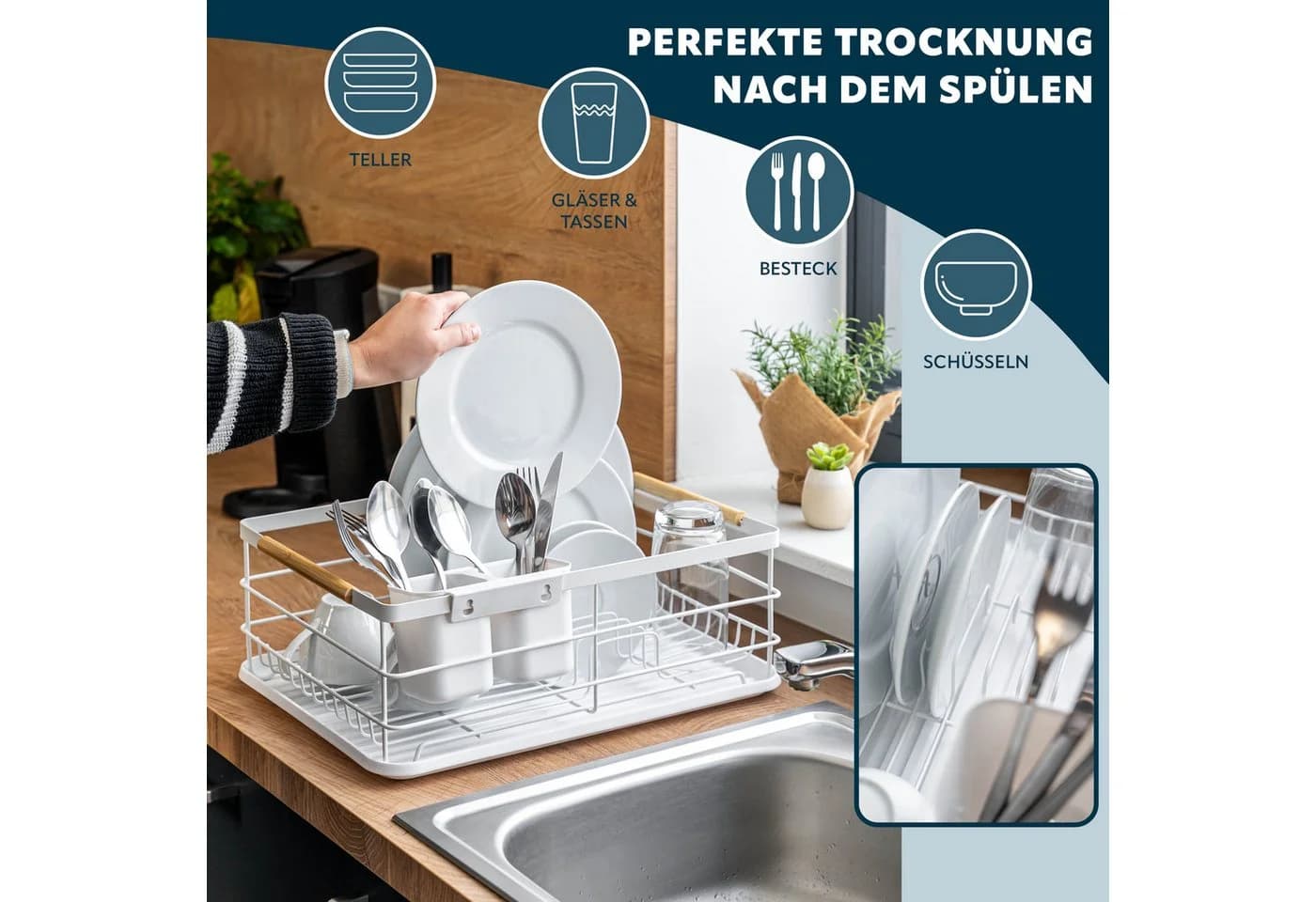 eluno Geschirrständer Metall mit Abtropfschale & Besteckhalter - Bild 3