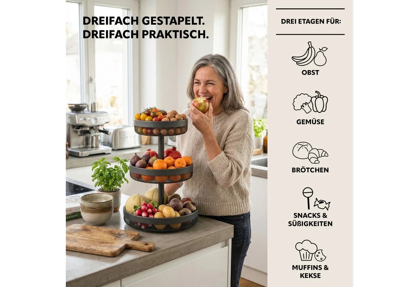 eluno 3-stöckige Obstschale rund Grau Metall