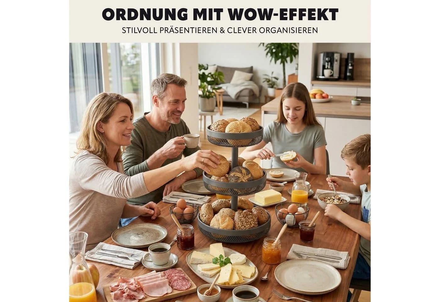 eluno 3-stöckige Obstschale rund Grau Metall - Bild 5