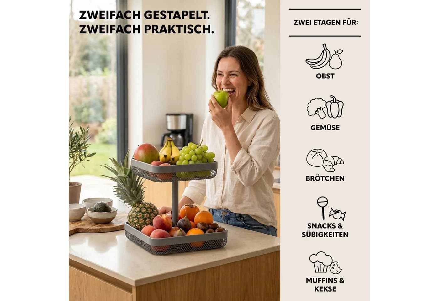 eluno Obstschale eckig 2-stöckig grau Metall