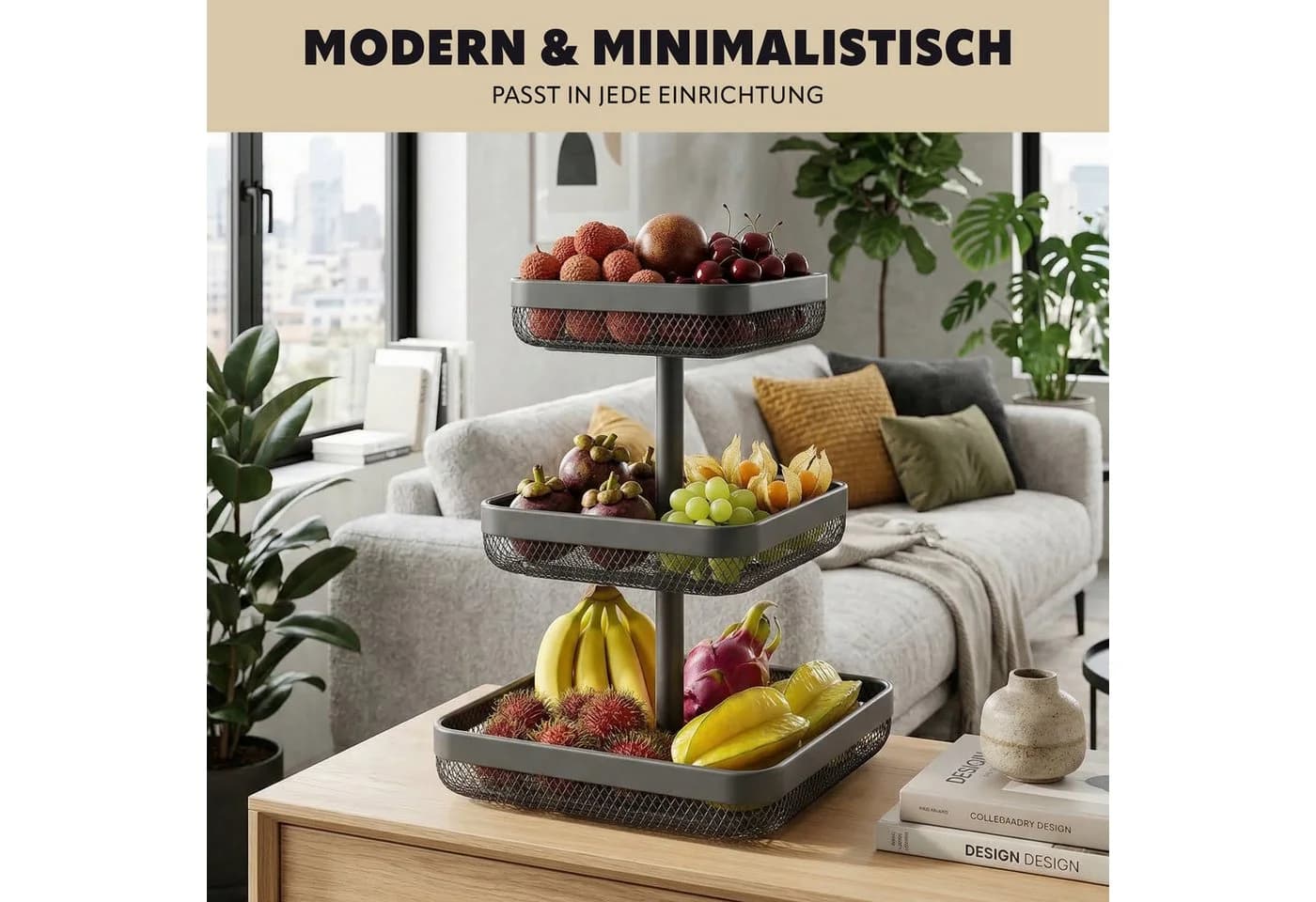 eluno 3-stöckige Obstschale eckig grau Metall - Bild 3