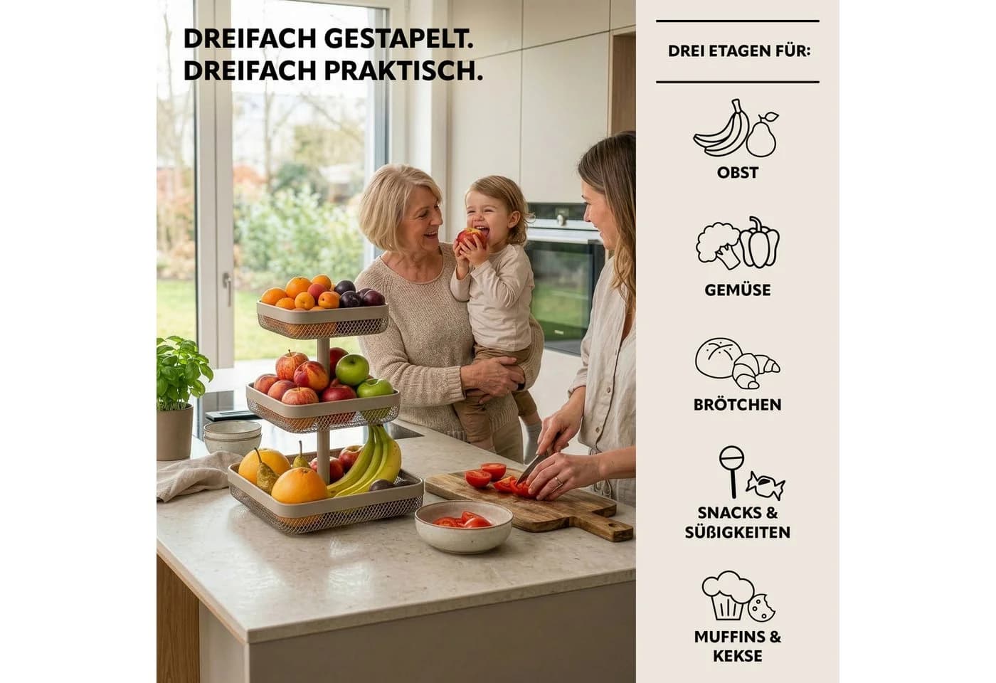 eluno 3-stöckige Obstschale eckig Metall Grau